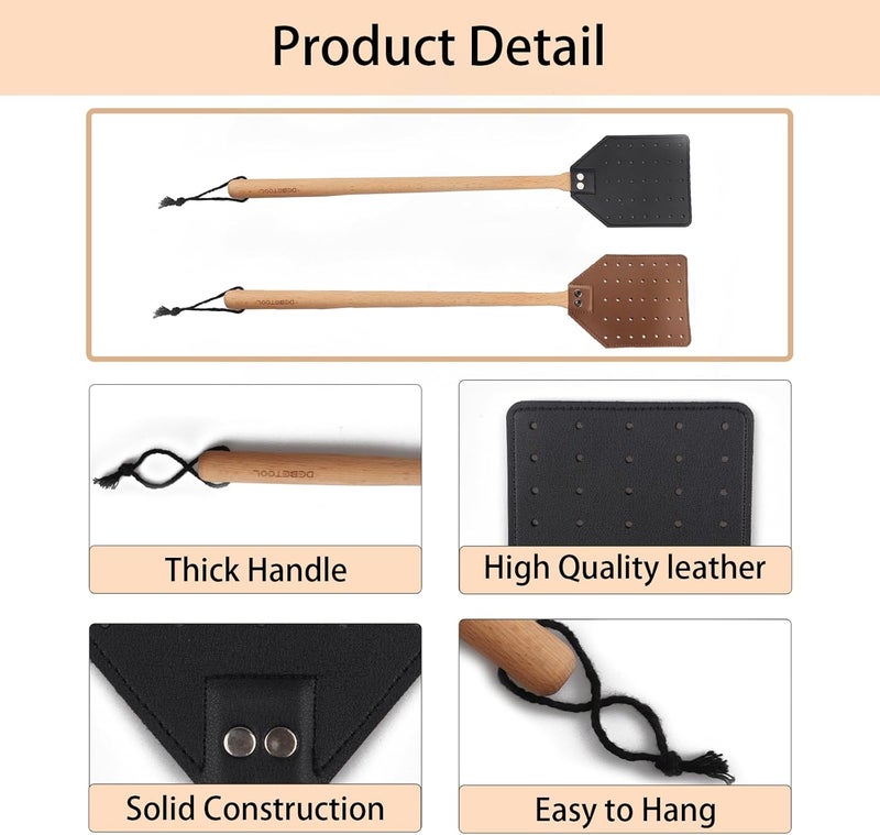 DEBETOOL 2 Pack Sturdy Leather Fly Swatter for Indoors - (19.7”)Long Handle Heavy Duty Wood Fly Swatter With Hanging Rope, Durable Fly Swatter for Outdoor Rustic Bug Swatter Flies,Mosquitoes And Bees - Image 3